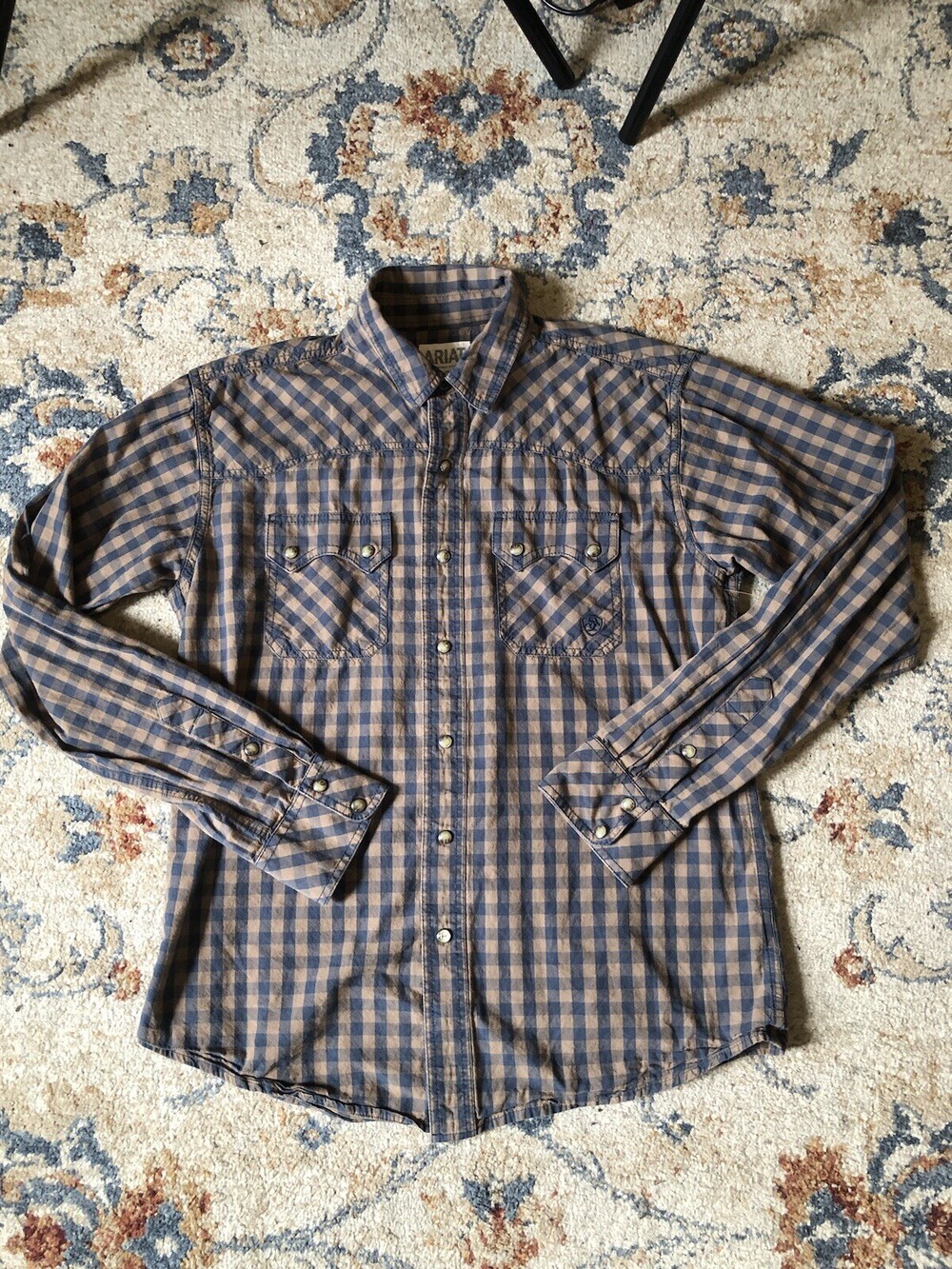 Ariat Retro Fit Pearl Snap Plaid Blue Flannel LS Shirt  Men’s Size Medium
